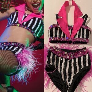 Glamour solo dance costume hot pink Feather rhinestone 2 piece pinstripe SC